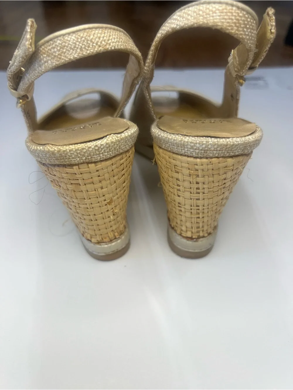 Stuart Weitzman Metallic Gold Peep-Toe Wedge Slingbacks - Picture 7 of 16